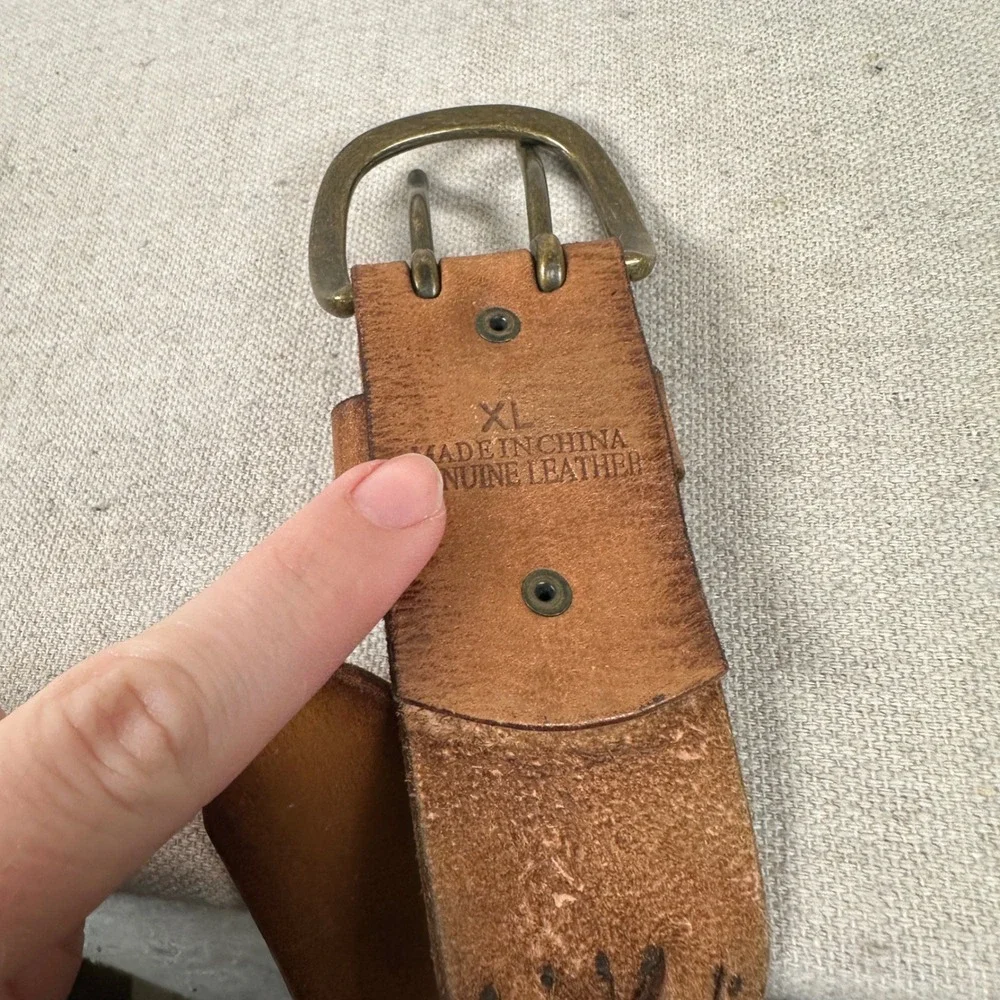 Vintage‎ Brown Braided Genuine Leather Belt XL Double Prong Buckle Wide Boho